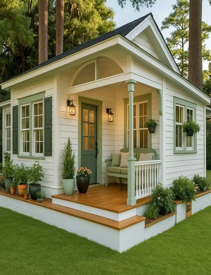 Rumah Kayu Warna Putih dan Hijau